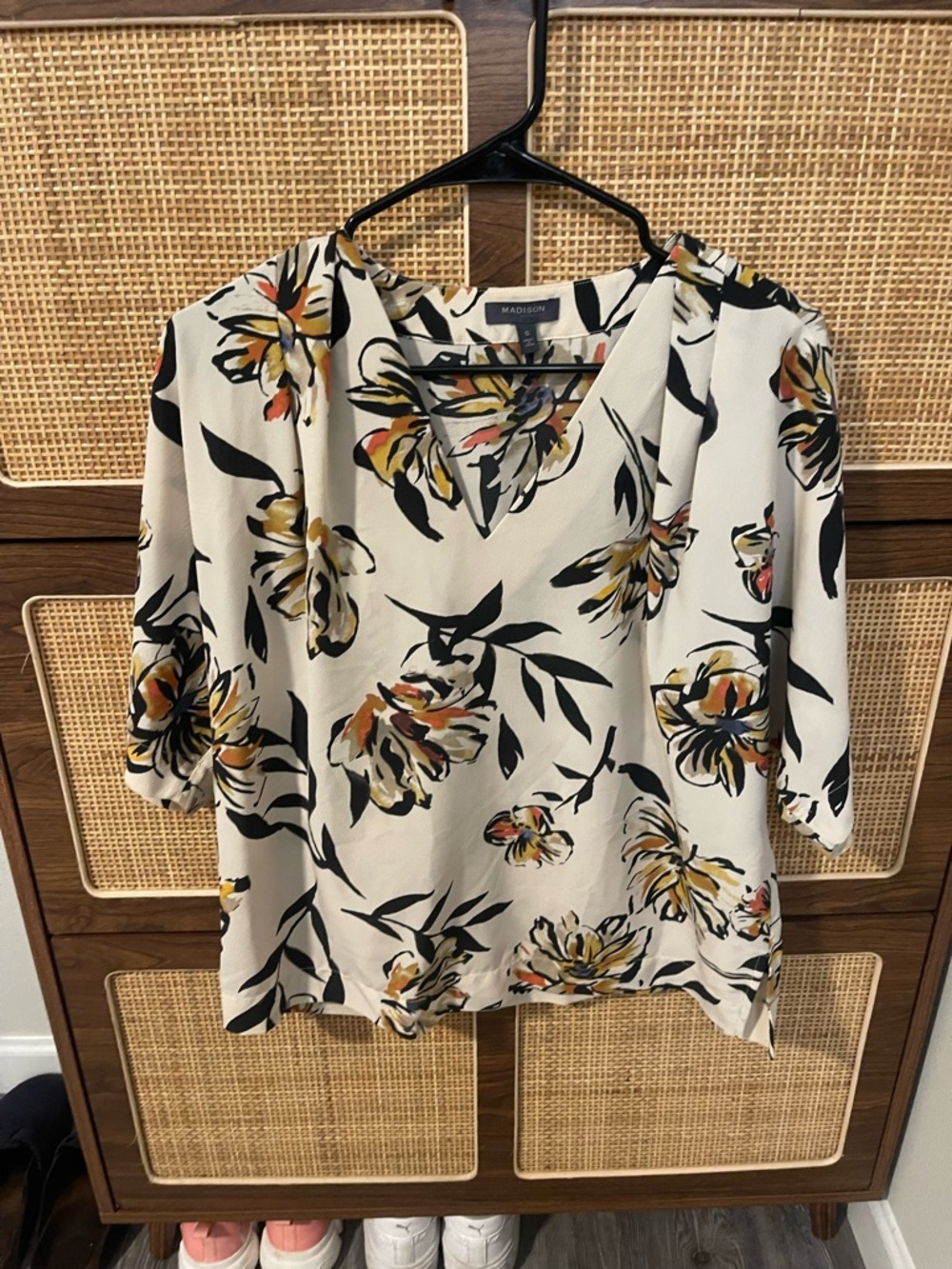 Madison Cream Floral V-Neck Blouse with Black and Yellow Print